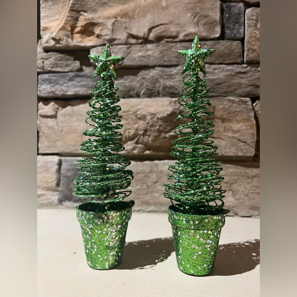 (2) Small Metal Spiral Glitter Christmas Tree Decor